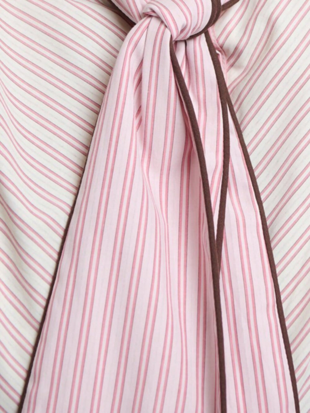 Pink Elegant Women's Regular Fit Pinstripe Tie-Neck Bishop Sleeve Shirt - Picture 7 of 7